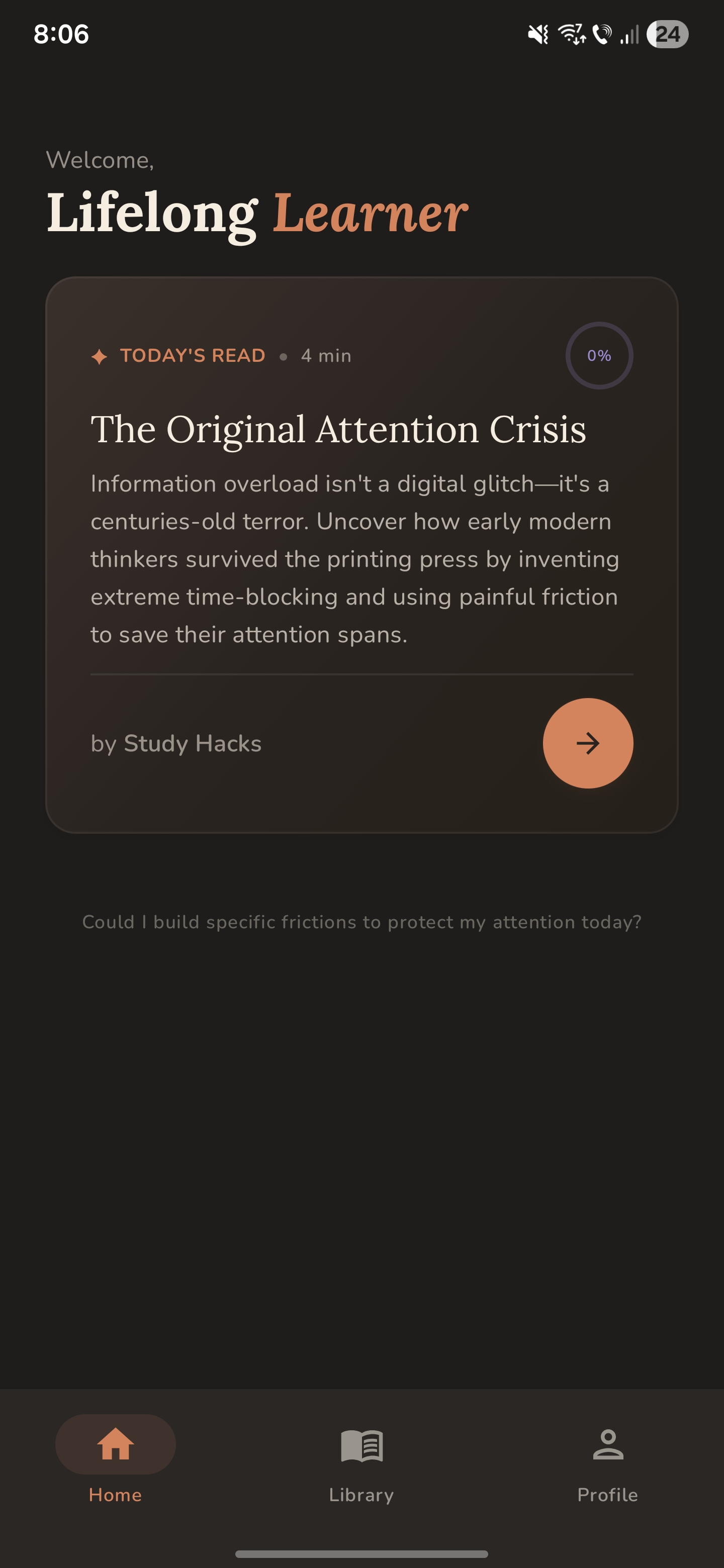 Home screen showing today's curated article with reading time and progress