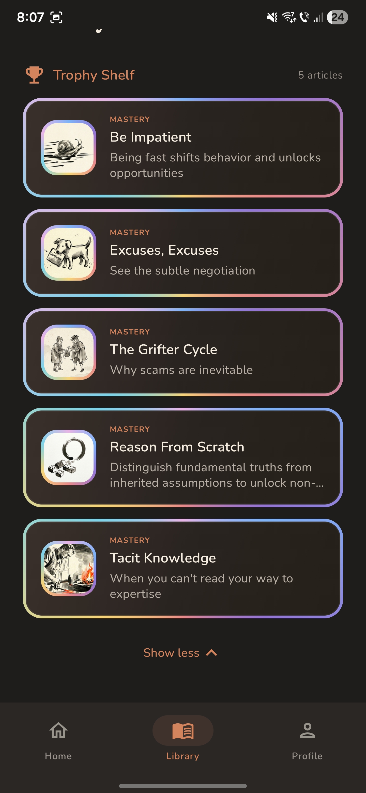 Trophy Shelf showing mastered articles with colorful borders